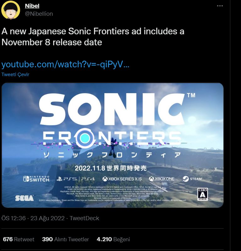 Sonic Frontiers çıkış tarihi 